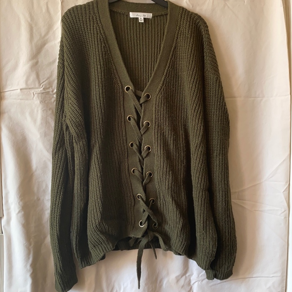 Army green cable-knit sweater
